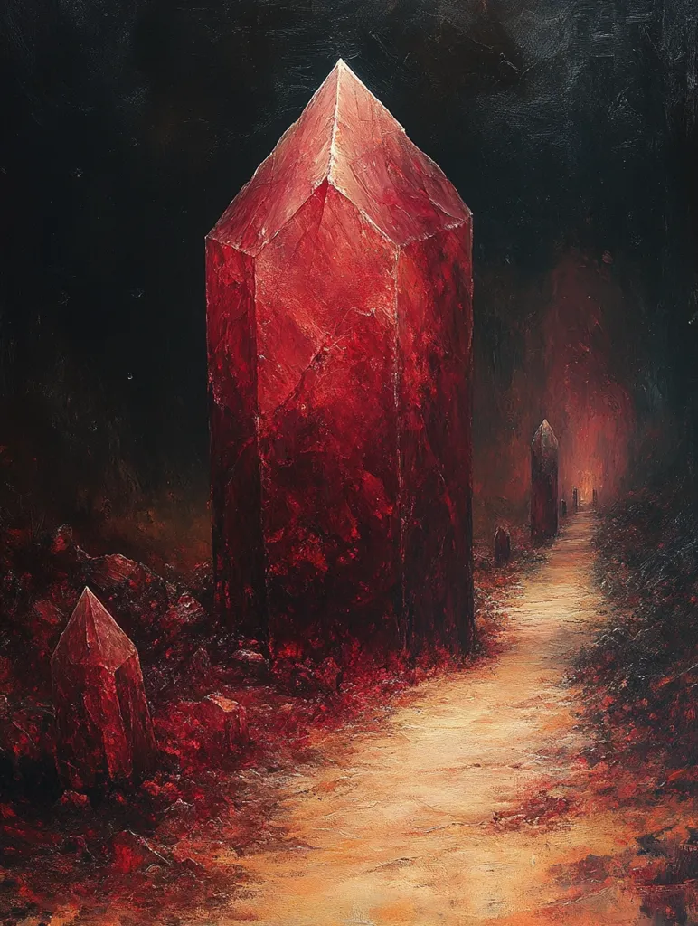 A path winds through a desolate landscape, flanked by crimson crystalline structures.  A large, imposing red crystal dominates the foreground, its multifaceted surface catching an unseen light. Smaller, similar crystals are scattered along the path, leading towards a distant, glowing point. The overall atmosphere is dark and ominous, yet the path suggests a journey, perhaps towards a mysterious destination. The painting utilizes rich, contrasting colors to create a dramatic and evocative scene.