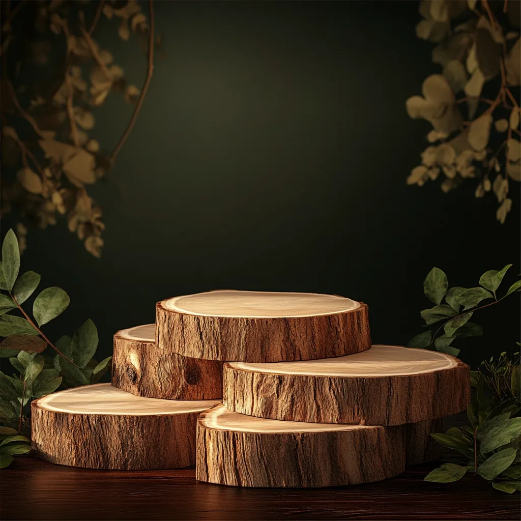 Here's a description of the image:

The image showcases a rustic, three-tiered display made from stacked wood slices.  Each slice is a thick, circular section of a tree trunk, showing natural bark texture and variations in wood tone.  The display sits on a dark brown wooden surface. Lush green foliage frames the wooden structure, creating a natural, earthy ambiance against a dark green background. The overall impression is one of organic elegance and natural simplicity, suitable for showcasing products or serving as a visually appealing background.
