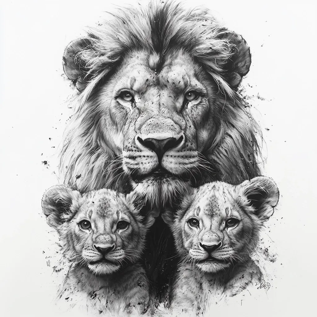 A striking monochrome drawing showcases a majestic lion, its powerful gaze directed forward, flanked by two adorable cubs.  The lion's thick mane and detailed facial features are rendered with masterful skill, contrasting beautifully with the cubs' soft, innocent expressions.  The overall composition exudes a sense of family and protective strength, enhanced by the textured background suggesting a wild, natural setting. The artist's attention to detail is evident in the realistic portrayal of the lions' fur and expressions.