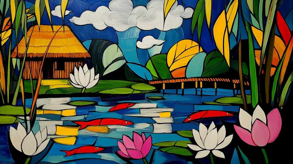 A vibrant, stylized painting depicts a tranquil scene. A thatched hut sits beside a serene body of water teeming with red fish. Lush green vegetation and vibrant lotus blossoms frame the water. The bold colors and simplified forms create a sense of peace and harmony, characteristic of modern impressionism. The sky is a bright blue dotted with fluffy white clouds, adding depth and contrast to the composition.