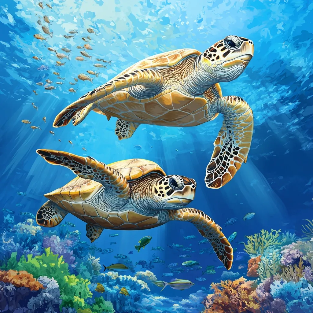 Two majestic sea turtles gracefully glide through a vibrant underwater scene.  Sunlight streams down, illuminating the turtles' golden-brown shells and the colorful coral reef below.  Numerous small fish swim around them, adding to the lively ocean atmosphere. The larger turtle is positioned higher, its head slightly tilted, while the smaller turtle swims beneath, creating a dynamic composition.  The overall impression is one of peaceful beauty and the wonders of the marine world.