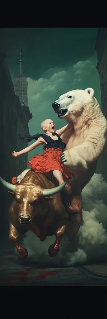 A bald girl in a red dress screams as she's attacked by a polar bear.  She's simultaneously riding a golden bull, which charges through a dark, urban alleyway.  The Empire State Building is visible in the background, adding a surreal, unsettling contrast to the violent scene. Blood stains the ground, highlighting the intensity and brutality of the moment. The overall mood is dark, chaotic, and symbolic.