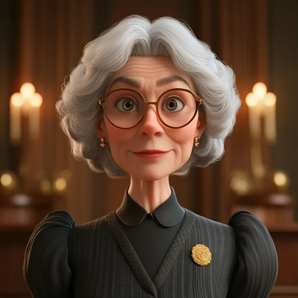 A stylized 3D rendering of an elderly woman with short, wavy gray hair and round glasses. She is wearing a dark-colored collared dress with a gold pin.  Her expression is pleasant and her features are exaggerated for a cartoonish effect. The background is blurred, suggesting a formal, possibly ceremonial, setting with lit candles.