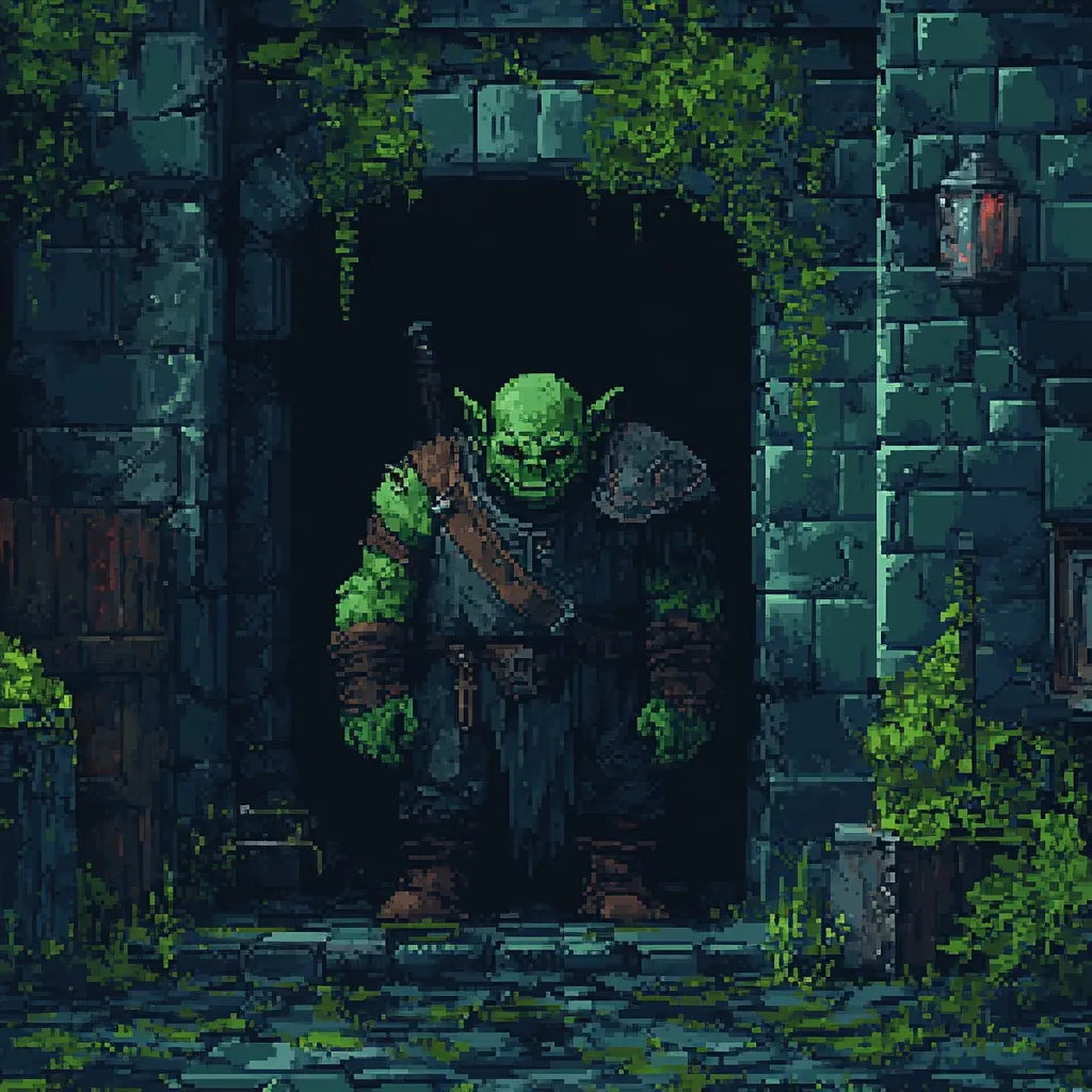 A pixel art depiction of a large, green-skinned orc stands in a dark doorway of an overgrown stone building.  The orc is clad in dark armor and carries a sword.  The building is dilapidated, with vines creeping across its walls and a lantern hanging beside the doorway.  The scene is dimly lit, creating a mysterious and slightly ominous atmosphere, reminiscent of a fantasy RPG.