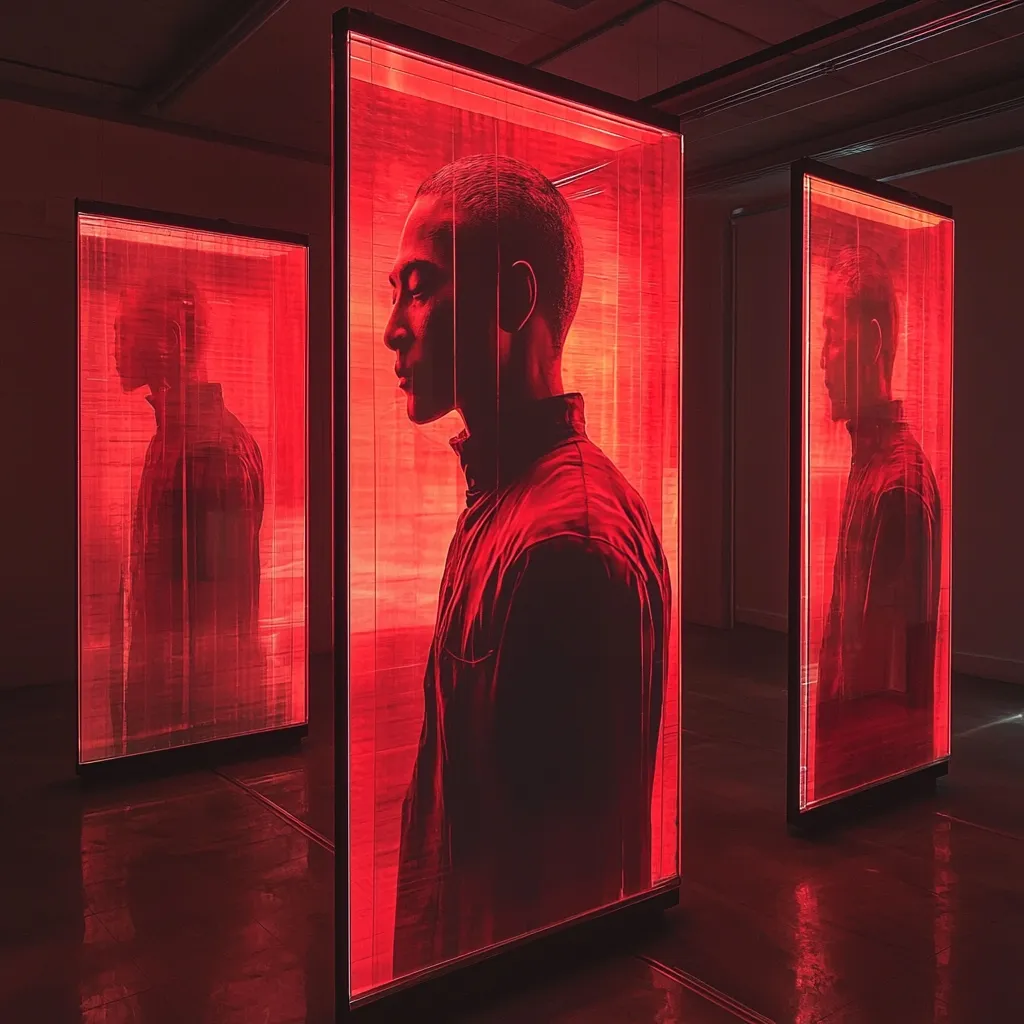 Three illuminated glass panels stand in a dark room, each showcasing a profile of a man in red light. The central figure is more prominent, while the flanking figures appear as translucent reflections.  The red light creates a dramatic and somewhat haunting atmosphere, emphasizing the figures' silhouettes within their glass enclosures. The overall effect is one of artistic minimalism and intriguing repetition.