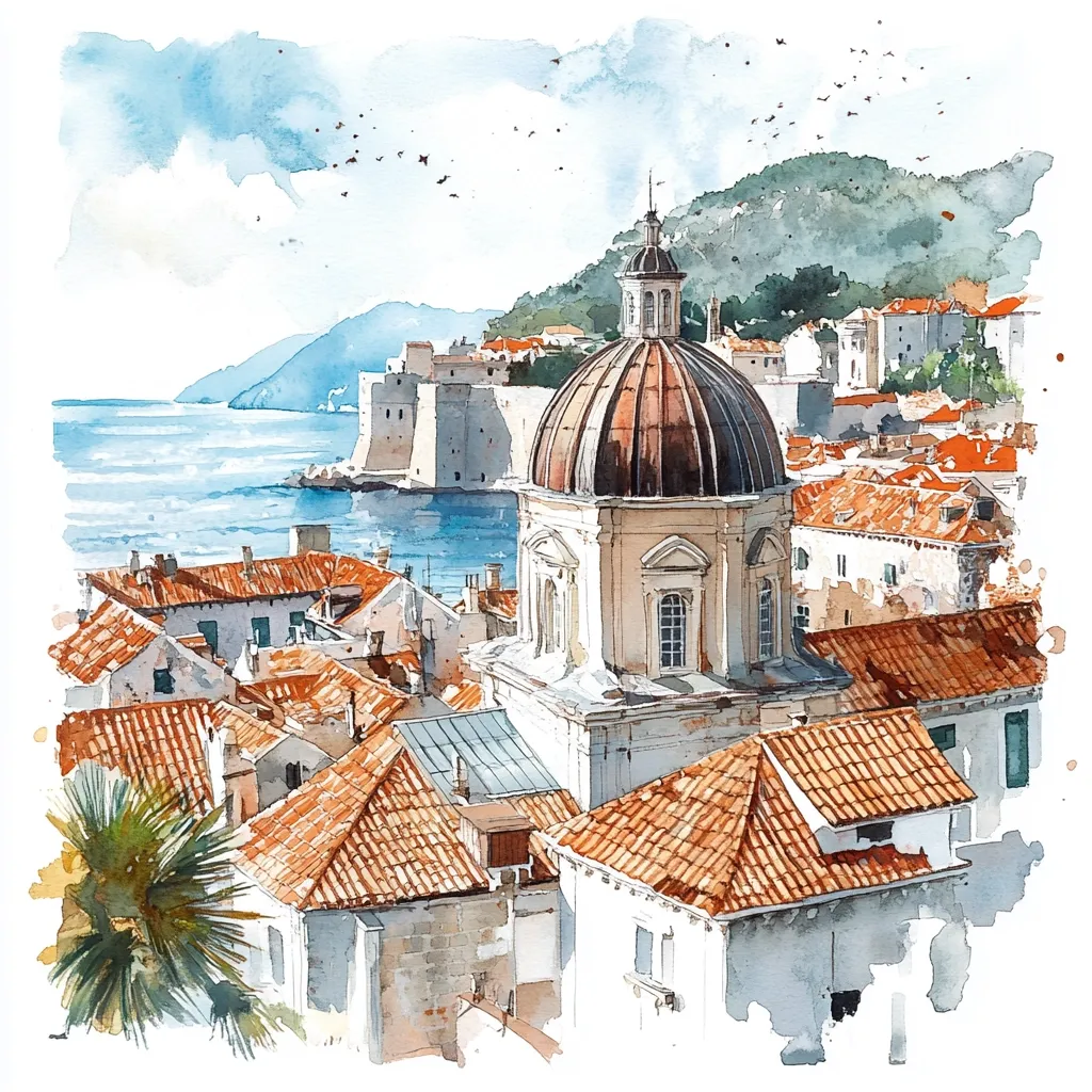 A watercolor painting depicts a picturesque coastal town, possibly Dubrovnik.  Orange-tiled roofs dominate the scene, nestled amongst buildings, with a prominent domed church at the center.  In the background, a fortified wall stretches along the coastline, meeting a tranquil blue sea.  Birds fly overhead, adding to the idyllic ambiance.  The style is loose and impressionistic, highlighting the beauty of the architecture and setting.