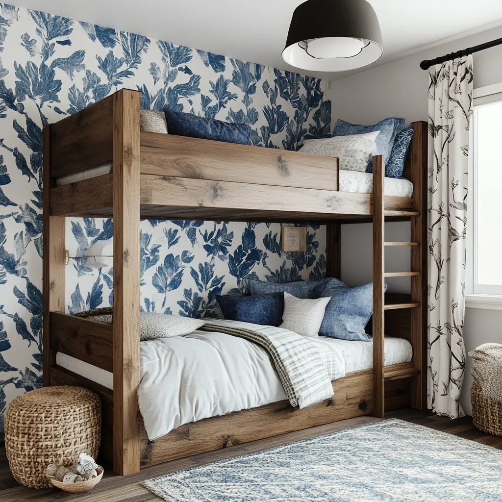 A rustic wooden bunk bed dominates a bedroom with a blue and white floral wallpaper.  The lower bunk is neatly made with a white duvet and blue pillows.  A woven ottoman sits near the bed, adding to the room's cozy, nautical-inspired aesthetic.  Natural light streams in from a window partially obscured by sheer curtains. The overall style is relaxed and inviting.