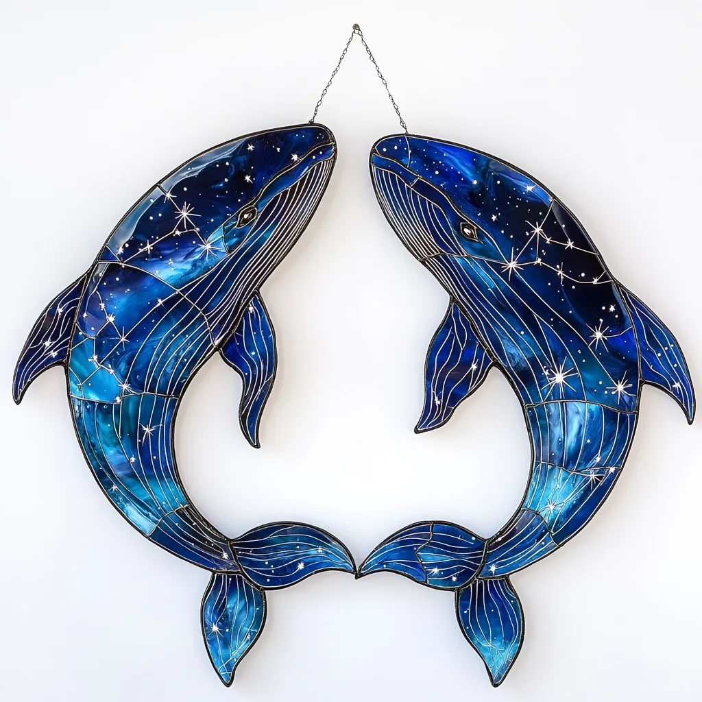 A stunning pair of stained-glass whales, suspended by a delicate chain, gracefully face each other.  Their bodies are a deep blue, reminiscent of a night sky, adorned with sparkling silver stars, forming constellations. The intricate detailing of the whales' bodies and the flowing tails create a sense of movement and elegance.  The artwork is a captivating blend of marine life and celestial beauty.