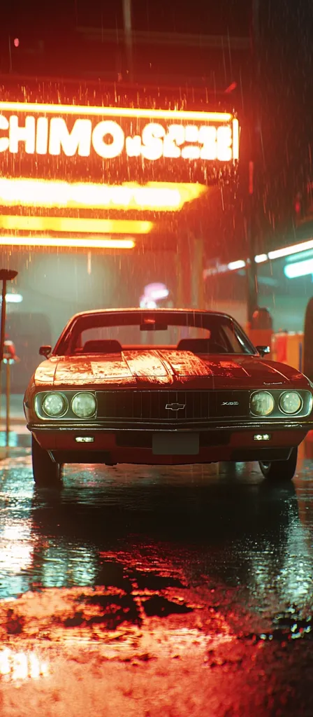 A classic red Camaro sits in the rain, parked under a neon sign that reads "CHIMO.SEZ."  The rain reflects the bright, orange glow of the sign and the car's lights on the wet pavement. The scene is atmospheric and moody, with a retro-futuristic feel. The background features a blurred, rain-soaked city night.  The overall ambiance is evocative of a nighttime urban setting.
