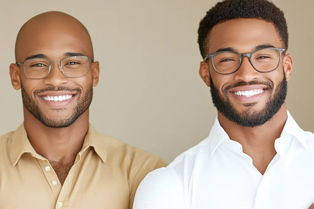 Two smiling Black men stand side-by-side against a neutral background.  The man on the left is bald and wears a tan collared shirt, while the man on the right has short dark hair and wears a crisp white shirt. Both men wear glasses and have neatly groomed beards.  Their bright smiles and confident postures convey a positive and approachable demeanor.