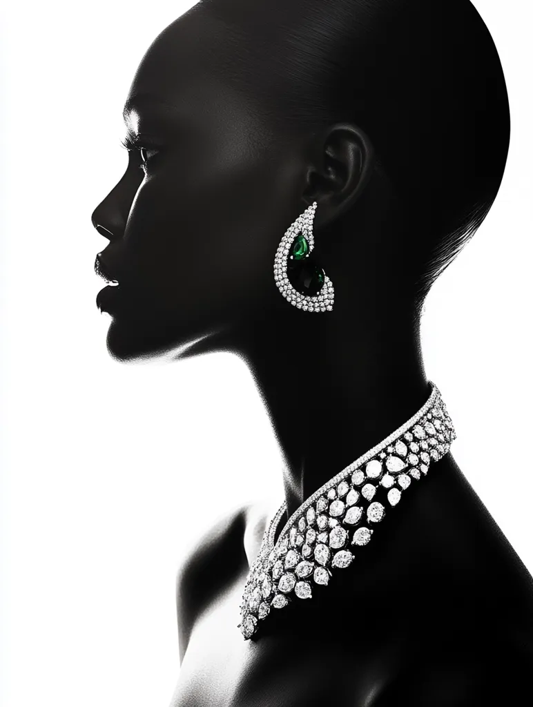 A black and white profile shot showcases a dark-skinned woman's elegant silhouette.  She wears a stunning diamond necklace, its design cascading down her neck, and matching diamond and emerald drop earrings. The stark contrast highlights the jewelry's brilliance and the model's graceful poise. The image is clean and sophisticated, emphasizing luxury and beauty.