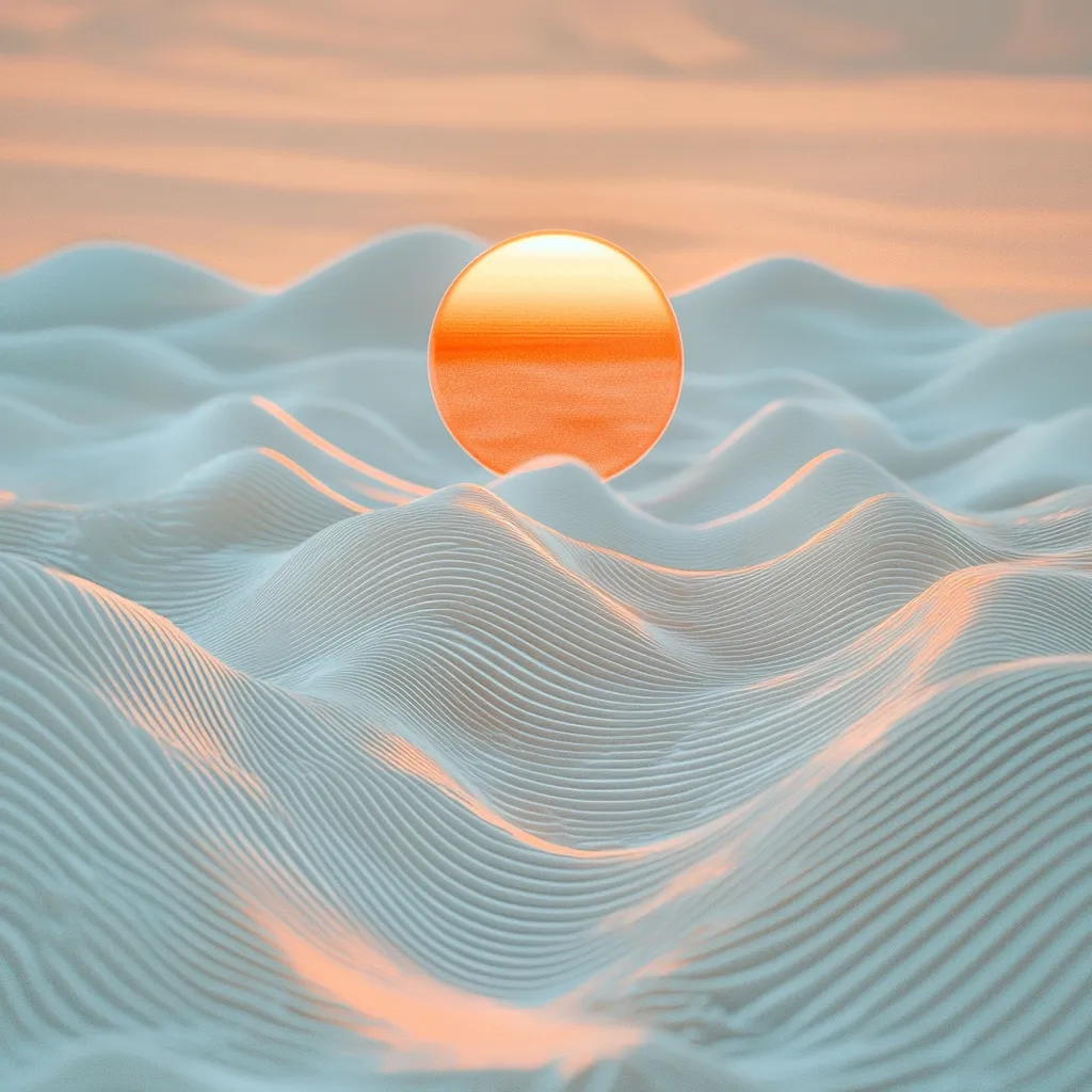 A stylized digital image depicts a serene landscape.  Soft, undulating, light-blue waves, reminiscent of sand dunes, stretch across the scene.  Centered above the waves is a vibrant orange orb, resembling a setting sun, casting a warm glow.  The overall effect is peaceful and minimalist, with a focus on texture and color contrast.