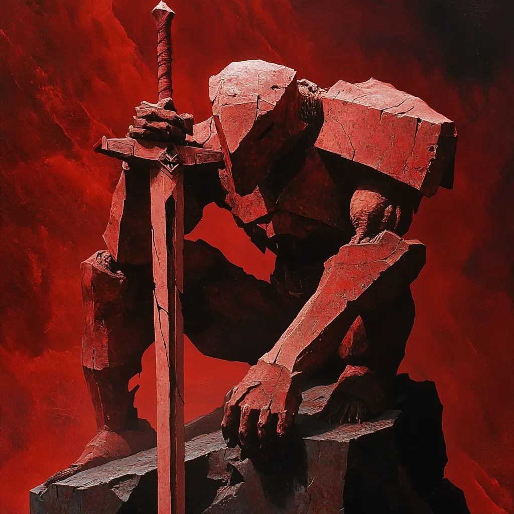 A crimson-hued, stone-like figure, resembling a knight in heavy armor, kneels upon a rough-hewn rock.  The figure's armor is detailed with a craggy texture, suggesting a material like hardened clay or stone.  A large, similarly colored sword rests upright, held firmly in its gauntleted hand. The background is a dramatic, fiery red, creating a stark and intense visual contrast. The overall style is dark fantasy or gothic, evoking a sense of somber power and isolation.
