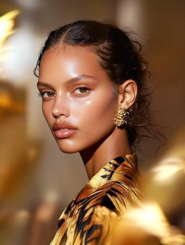 A young woman with sun-kissed skin and dark hair styled in a loose bun, gazes intently towards the viewer.  Her makeup is subtly highlighted, enhancing her natural beauty.  She wears gold, textured earrings and a luxurious gold and black patterned shirt. The background is blurred, creating a warm, golden ambiance that complements her attire and complexion.  The overall effect is one of sophisticated elegance and radiant health.