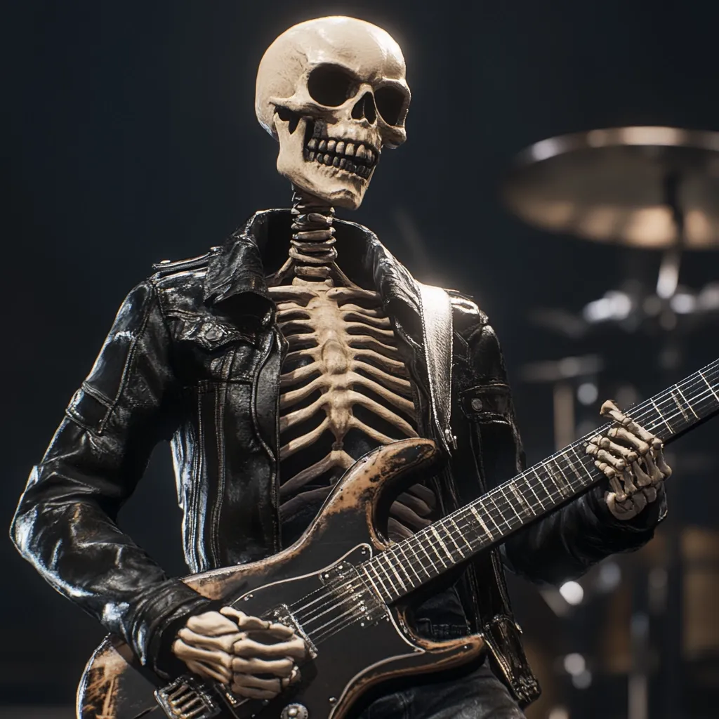A skeleton, clad in a black leather jacket, rocks out on a worn electric guitar.  The dimly lit scene suggests a concert setting, with a blurred drum kit visible in the background.  The skeleton's pose is energetic, conveying a sense of musical passion despite its skeletal form. The image is highly realistic, showcasing detailed textures and lighting.