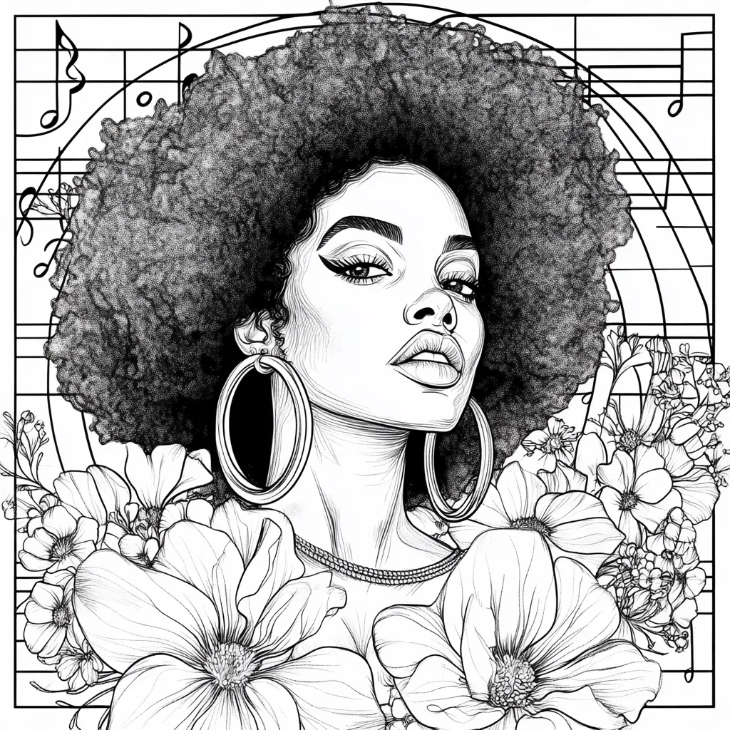 A black and white illustration of a woman with a large afro, surrounded by flowers.  She wears large hoop earrings and a delicate necklace. The background features musical notation, suggesting a connection between music and beauty. The detailed linework creates a striking image with a sophisticated and elegant feel.  The artwork is reminiscent of a stylized portrait.