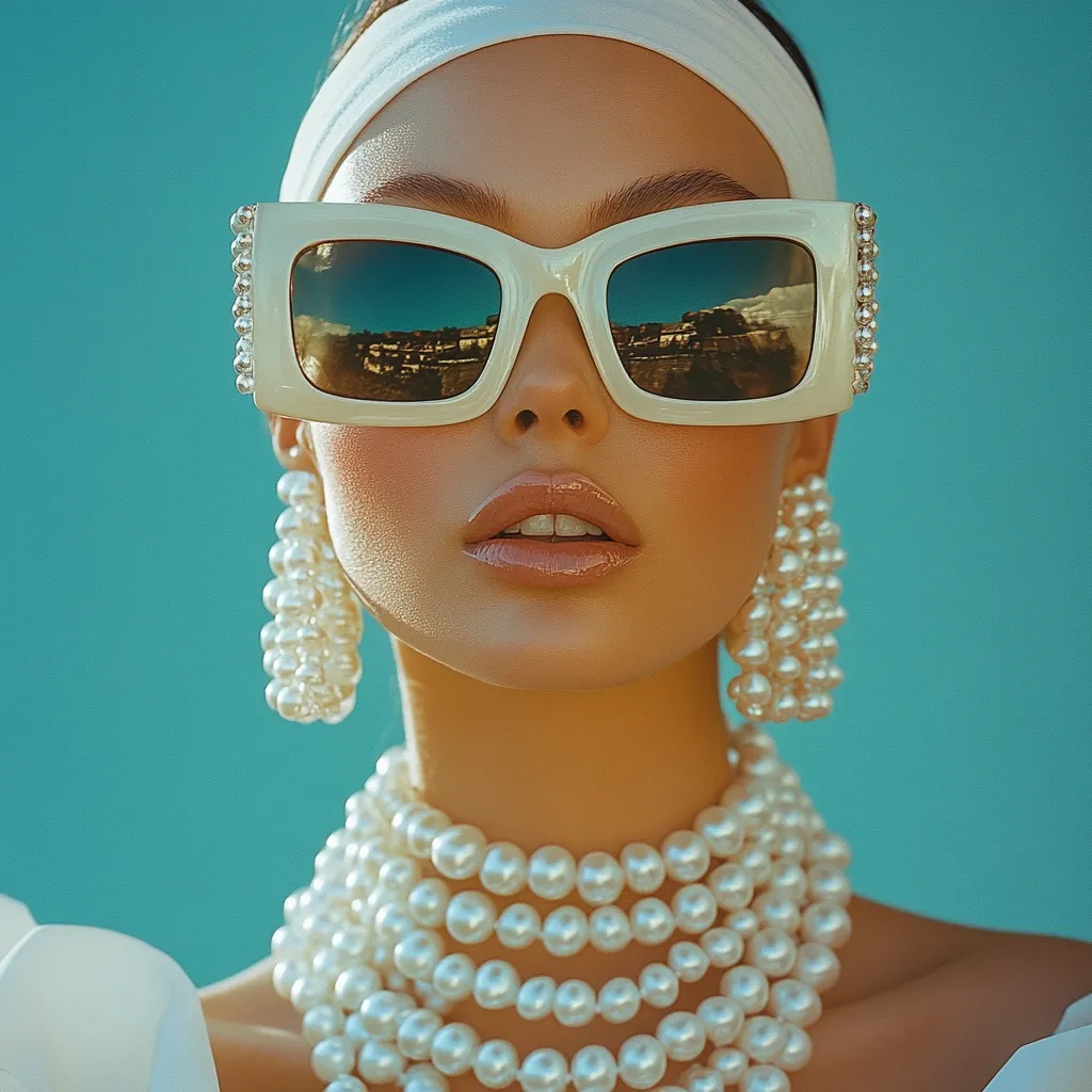 A glamorous woman with flawless makeup dons oversized white sunglasses, reflecting a landscape.  She wears a white headband, pearl earrings, and a multi-strand pearl necklace.  The teal background enhances her radiant complexion and stylish attire, creating a striking, retro-inspired portrait.