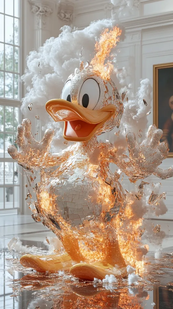 A digital rendering depicts Donald Duck, rendered in a mosaic of mirrored fragments, engulfed in flames.  The fiery explosion is surrounded by billowing white smoke, contrasting the elegant, white marble interior it's situated in. The Duck's pose is dynamic, arms outstretched as if in mid-action. The overall effect is surreal and dramatic, blending the familiar cartoon character with a powerful, destructive aesthetic.  The glossy floor reflects the scene, enhancing its visual impact.