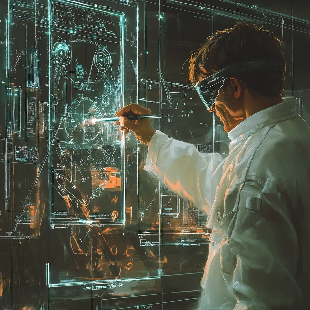 A scientist, wearing protective goggles and a white lab coat, interacts with a large, translucent digital screen.  The screen displays intricate, glowing cyan schematics, possibly of a complex machine or robotic design.  He uses a stylus to manipulate the holographic projections, his focused expression highlighting the advanced technological environment. The scene evokes a futuristic research laboratory or design studio.
