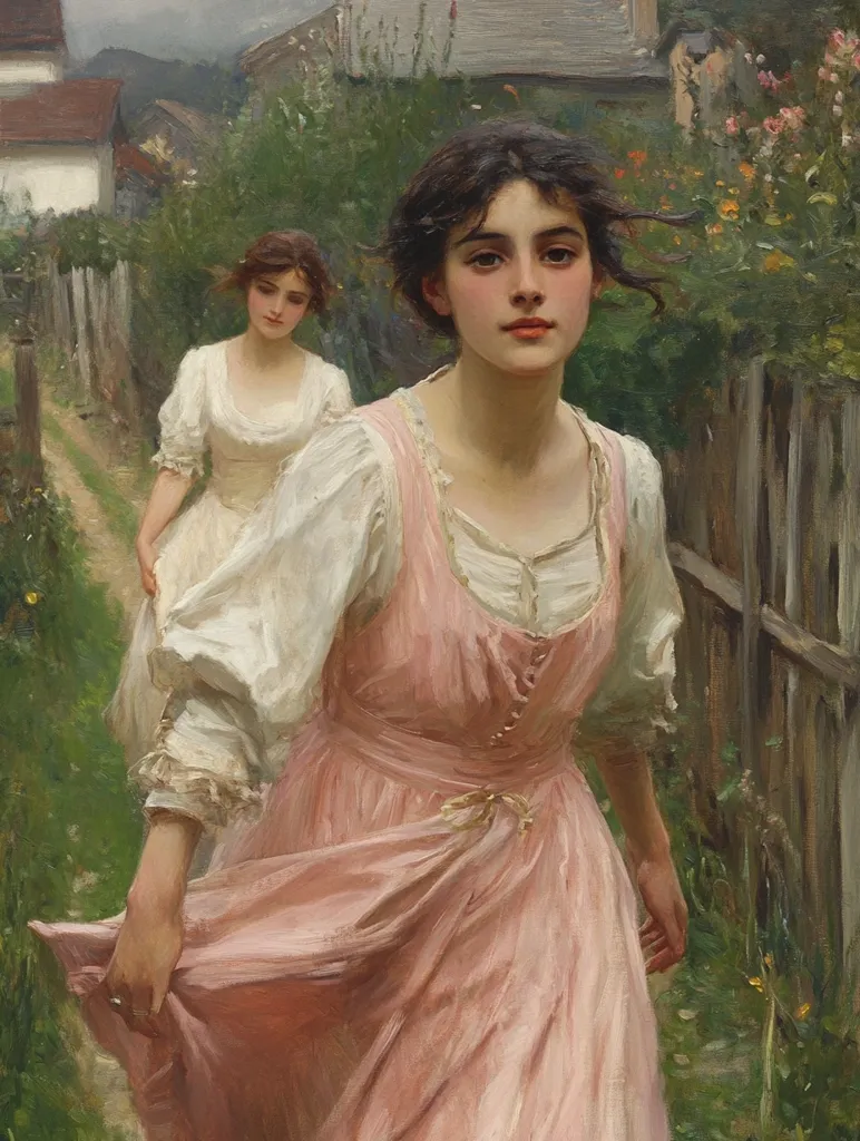 A young woman in a flowing pink dress walks down a country lane, her dark hair slightly windblown.  Another woman in a white dress follows behind.  The scene is idyllic, with lush greenery, a weathered wooden fence, and distant houses suggesting a quaint village setting.  The painting's soft light and brushstrokes create a romantic and nostalgic mood. The central figure's gentle expression and flowing garment evoke a sense of grace and serenity.