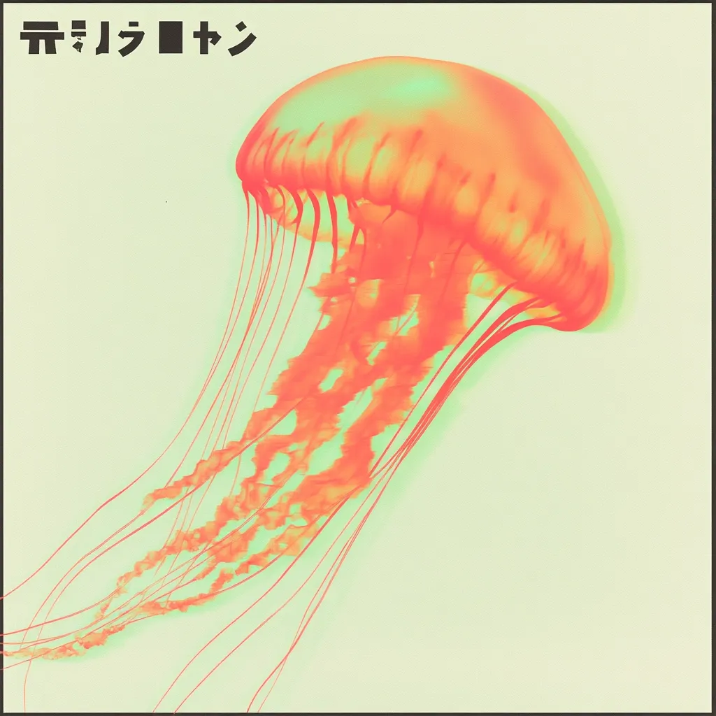 A vibrant, stylized image depicts a jellyfish against a pale green background.  The jellyfish is rendered in shades of coral and orange, with its tentacles flowing gracefully.  The top of the bell is a lighter, almost neon, green-orange.  A block of Japanese text is positioned in the upper left corner. The overall effect is one of surreal beauty and artistic expression.