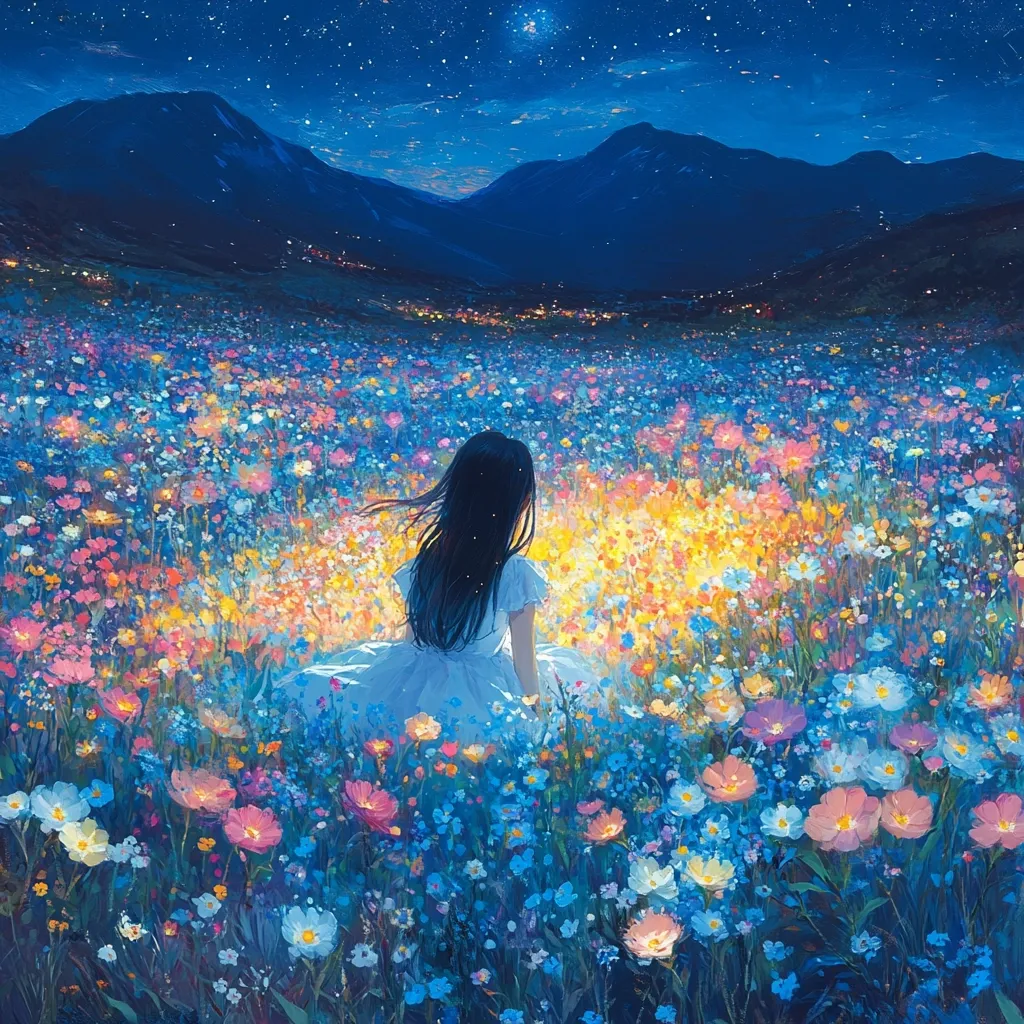 A young girl in a white dress sits amidst a vibrant field of colorful flowers under a starlit night sky.  Mountains loom in the background, silhouetted against the twilight.  The scene is peaceful and dreamlike, with a soft, luminous quality to the light illuminating the flowers around her.  The overall impression is one of serene beauty and tranquility.