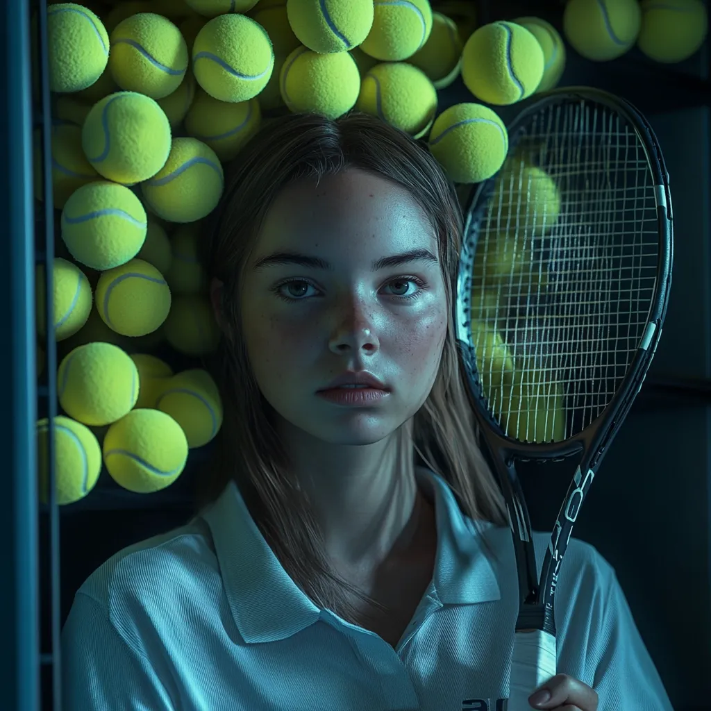 A young woman with long brown hair sits surrounded by tennis balls.  She holds a tennis racket against her shoulder, her gaze directed at the camera.  The scene is dimly lit, casting a cool, bluish tone.  The image evokes a sense of calm intensity, suggesting focus and determination. The overall aesthetic is moody and artistic.