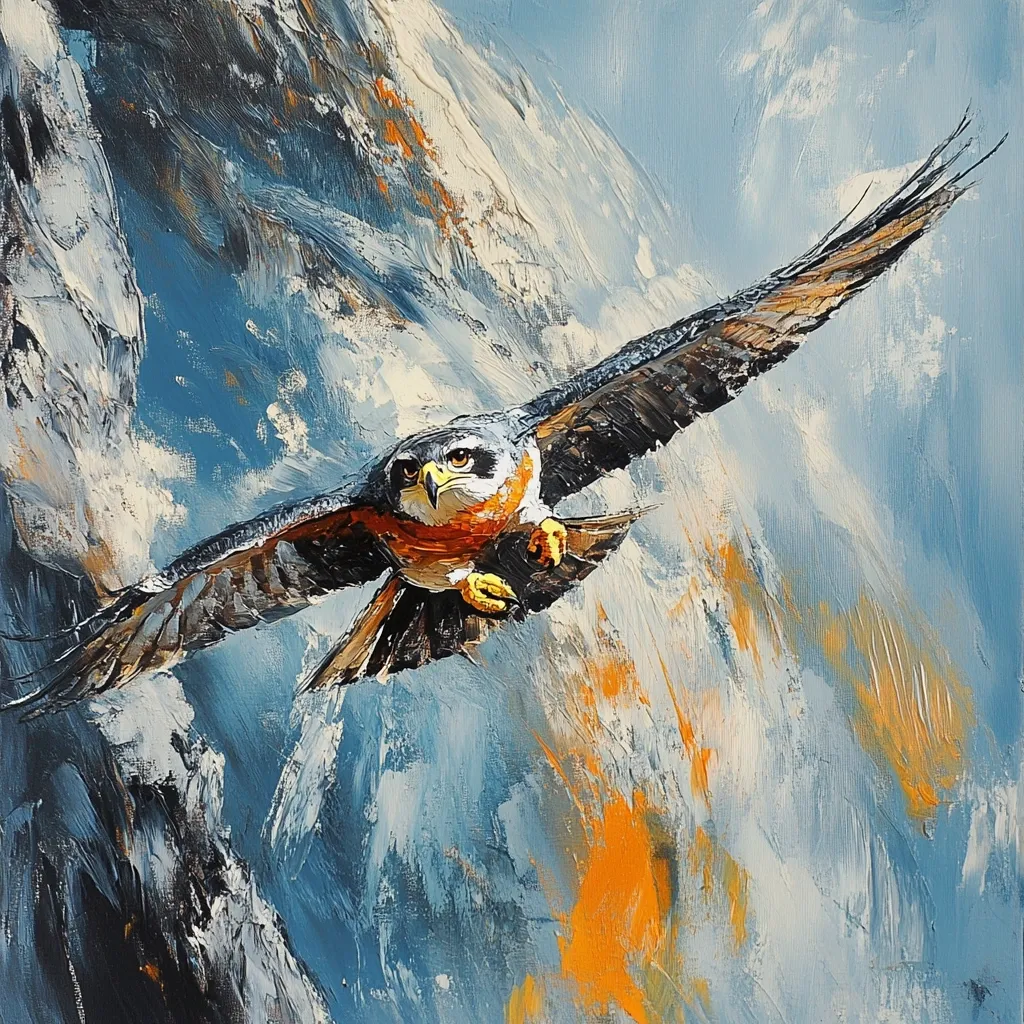 A vibrant oil painting captures a hawk in dynamic flight.  The bird, rendered with impasto technique, showcases rich browns, oranges, and grays against a textured background of blues and whites suggesting a mountainous landscape or stormy sky. The artist's expressive brushstrokes create a sense of movement and power, emphasizing the hawk's sharp gaze and outstretched wings. The overall effect is one of energy and freedom.