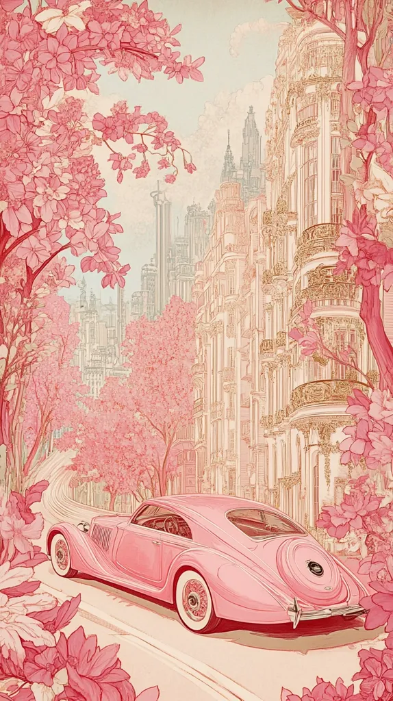 A pink vintage car glides down a city street, lined with ornate buildings and blossoming pink trees. The art style is reminiscent of a vintage travel poster, with delicate linework and pastel hues. The scene evokes a sense of romance and nostalgia, with the car as a central focus against the backdrop of a dreamy, almost fantastical cityscape.  The overall effect is peaceful and charming.