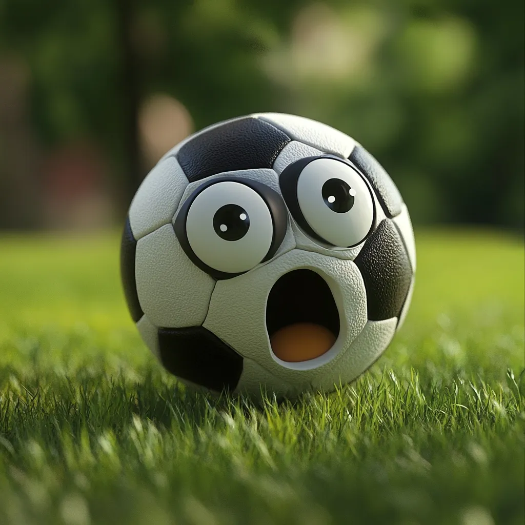 A soccer ball with cartoonish features sits on a lush green grass field.  Its large eyes are wide with surprise, and its mouth is open in a gasp. The ball's classic black and white pentagonal design is clearly visible.  The background is softly blurred, focusing attention on the expressive soccer ball. The overall image is playful and whimsical.