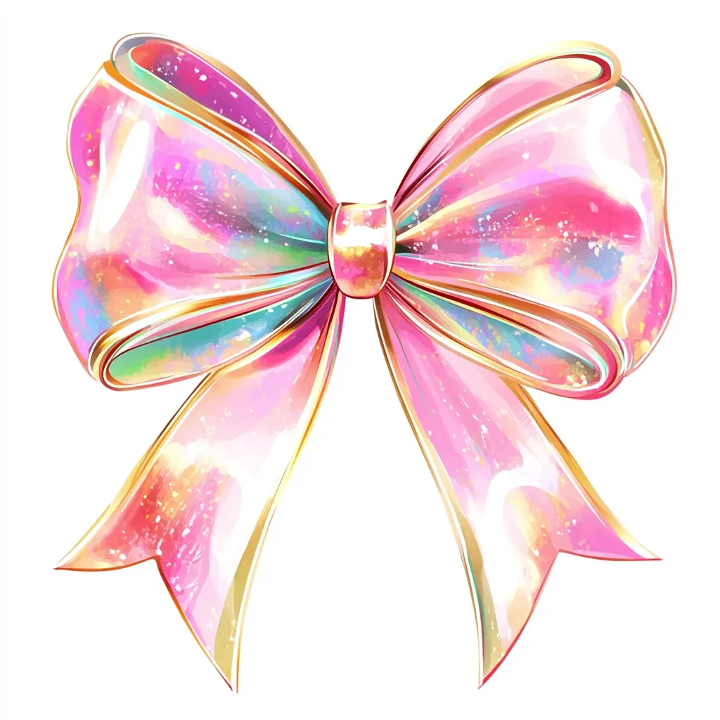 A large, iridescent pink bow, accented with gold, is depicted against a white background.  The bow's loops are full and glossy, suggesting a smooth, perhaps slightly transparent, ribbon.  Pastel rainbow shimmer adds to the ethereal, whimsical quality. The gold outlining enhances the luxurious look, giving the impression of a delicate and precious ornament.  The overall style is vibrant and digitally painted, ideal for decorative purposes.