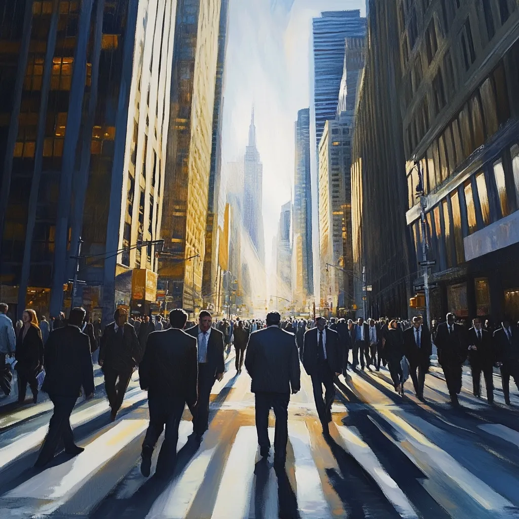 A vibrant cityscape painting depicts a bustling New York street scene at sunrise.  Tall skyscrapers line a wide avenue, casting long shadows on the crosswalk where numerous business people in dark suits walk towards a radiant light source at the end of the street. The Empire State Building is visible in the distance, bathed in the morning sun's glow.  The overall impression is one of energetic urban life and ambition.