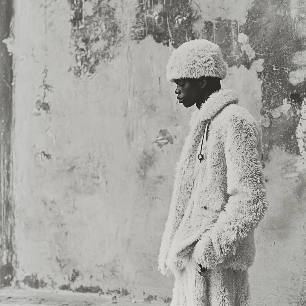 A black and white, full-length photograph of a young man. He is wearing a fluffy white fur hat and a matching long coat and pants. His profile is visible, and he is looking downward. The background is a textured, weathered wall. The overall mood is somber and stylish.