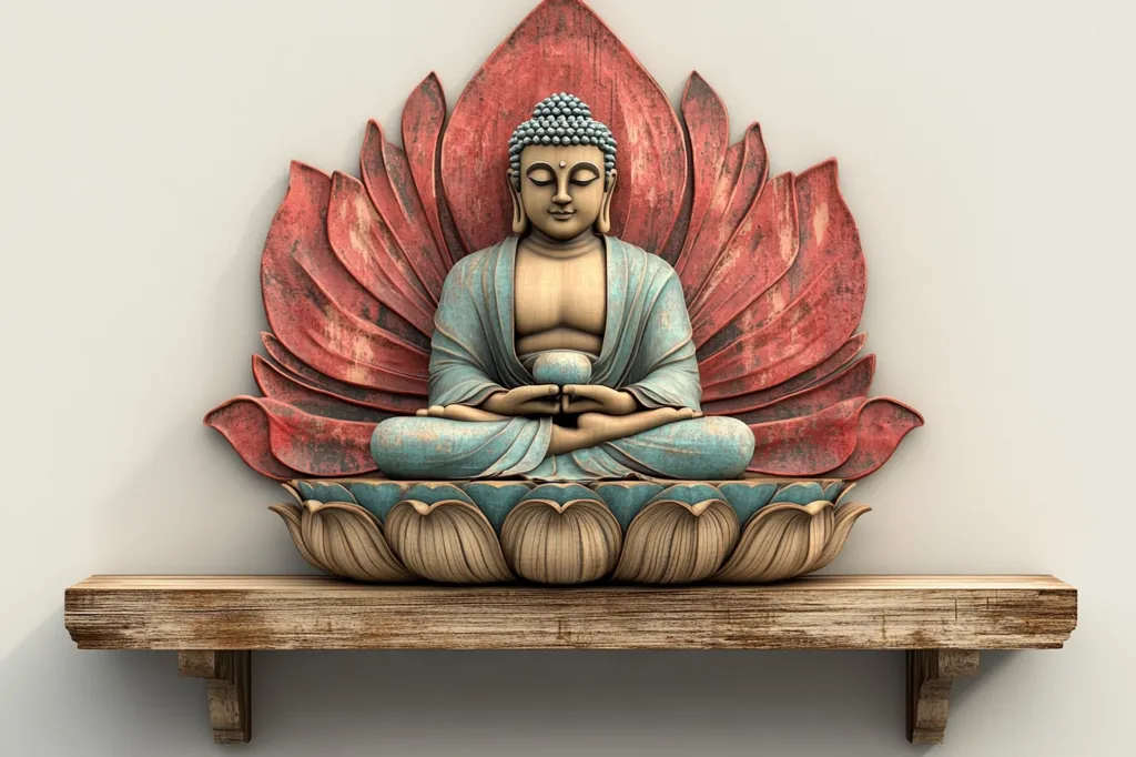 A serene Buddha statue sits in a meditative pose on a lotus flower base, nestled within a carved, reddish-pink lotus blossom.  The statue, with its teal robes, is crafted with detail and a weathered finish.  The entire piece rests on a rustic wooden shelf, offering a tranquil and spiritual focal point against a minimalist, light beige wall. The image conveys peace and contemplation.