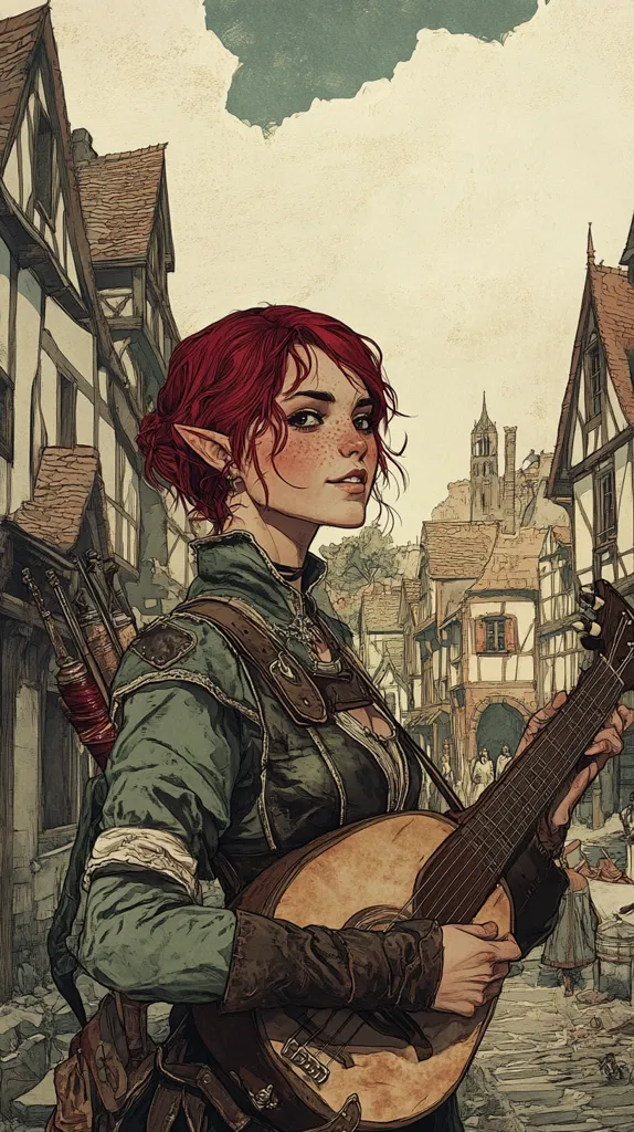 A young, freckled elf woman with vibrant red hair plays a lute in a medieval town.  She's dressed in earthy greens and browns, a quiver of arrows slung across her back.  The buildings behind her are characteristic of a European medieval setting, with timber framing and steeply pitched roofs. The overall style is reminiscent of fantasy art, capturing a whimsical yet grounded atmosphere.