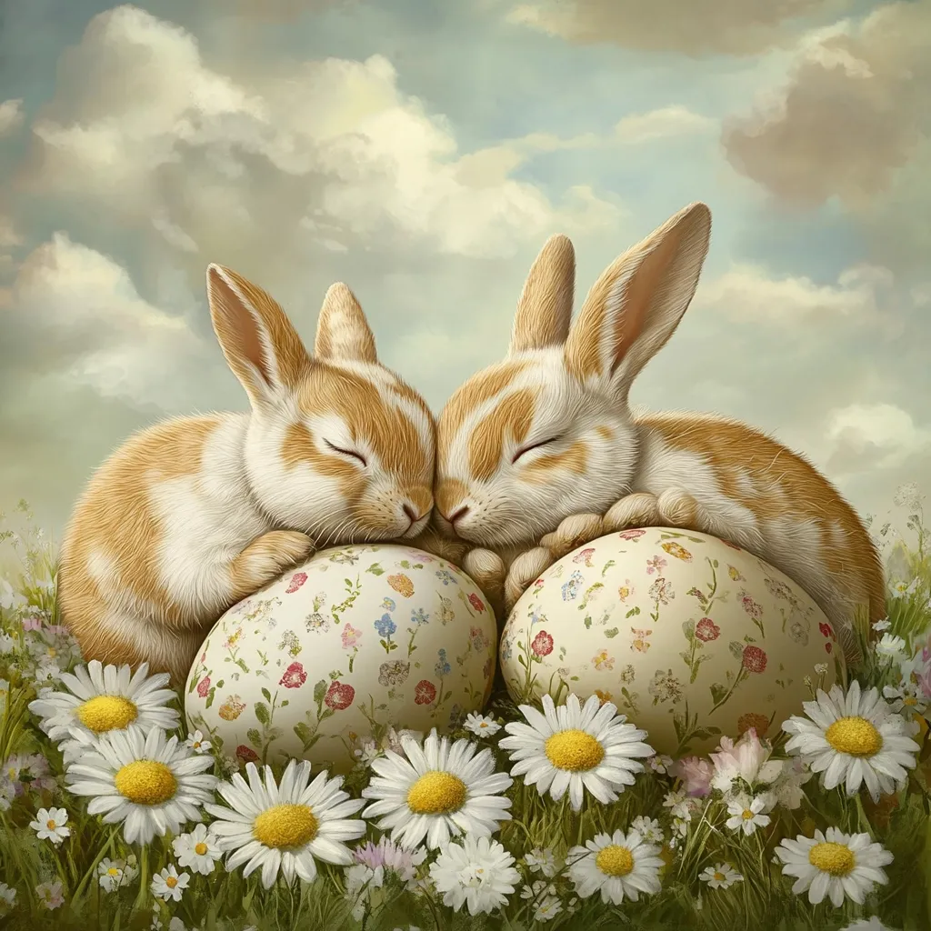 Two adorable bunny rabbits, with tan and white fur, snuggle together peacefully, their eyes closed. They rest atop two large, floral-patterned Easter eggs nestled in a bed of daisies and wildflowers under a cloudy sky. The scene evokes a feeling of springtime serenity and the gentle spirit of Easter.