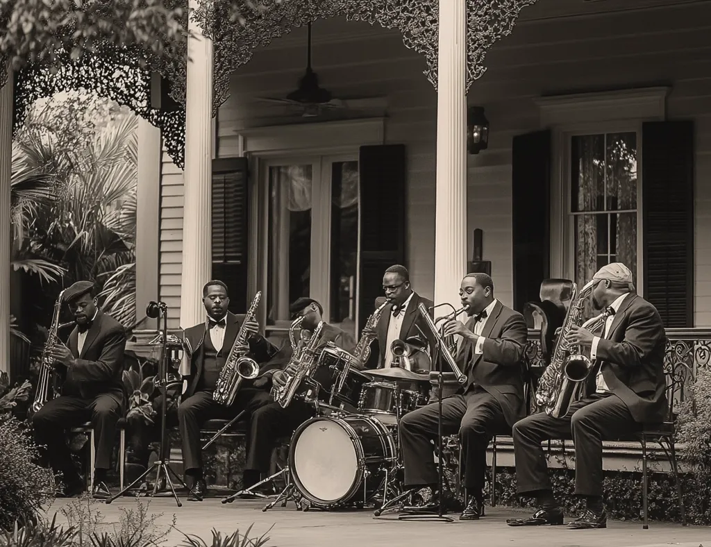 A sepia-toned photograph captures a jazz band performing on a grand porch.  Six impeccably dressed musicians, each with a saxophone, are arranged around a drum kit. Their instruments gleam, reflecting the light. The porch's elegant architecture and lush surrounding foliage form a striking backdrop. The image evokes a sense of timeless musical grace and Southern charm. The overall mood is serene and sophisticated.