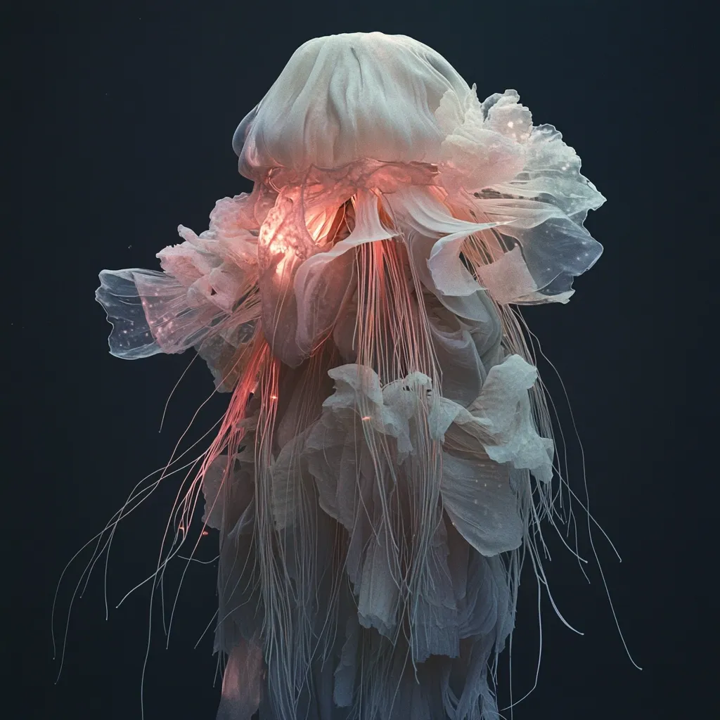 A jellyfish, seemingly a lion's mane jellyfish, dominates the frame. Its bell is a pale, almost white, with delicate, translucent frills cascading down.  Long, thin tentacles trail below, glowing with a soft, coral-pink light against the dark background. The image emphasizes the creature's ethereal beauty and intricate detail.