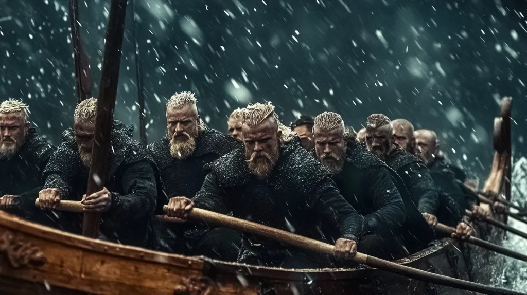 A group of fierce-looking Viking warriors, clad in dark clothing and long beards, row a longship through a stormy sea. Rain lashes down as they powerfully pull their oars, their determined faces set against the elements. The scene evokes a sense of relentless pursuit and the harsh realities of Viking life.  The longship cuts through the water, the wood gleaming under the dark sky.