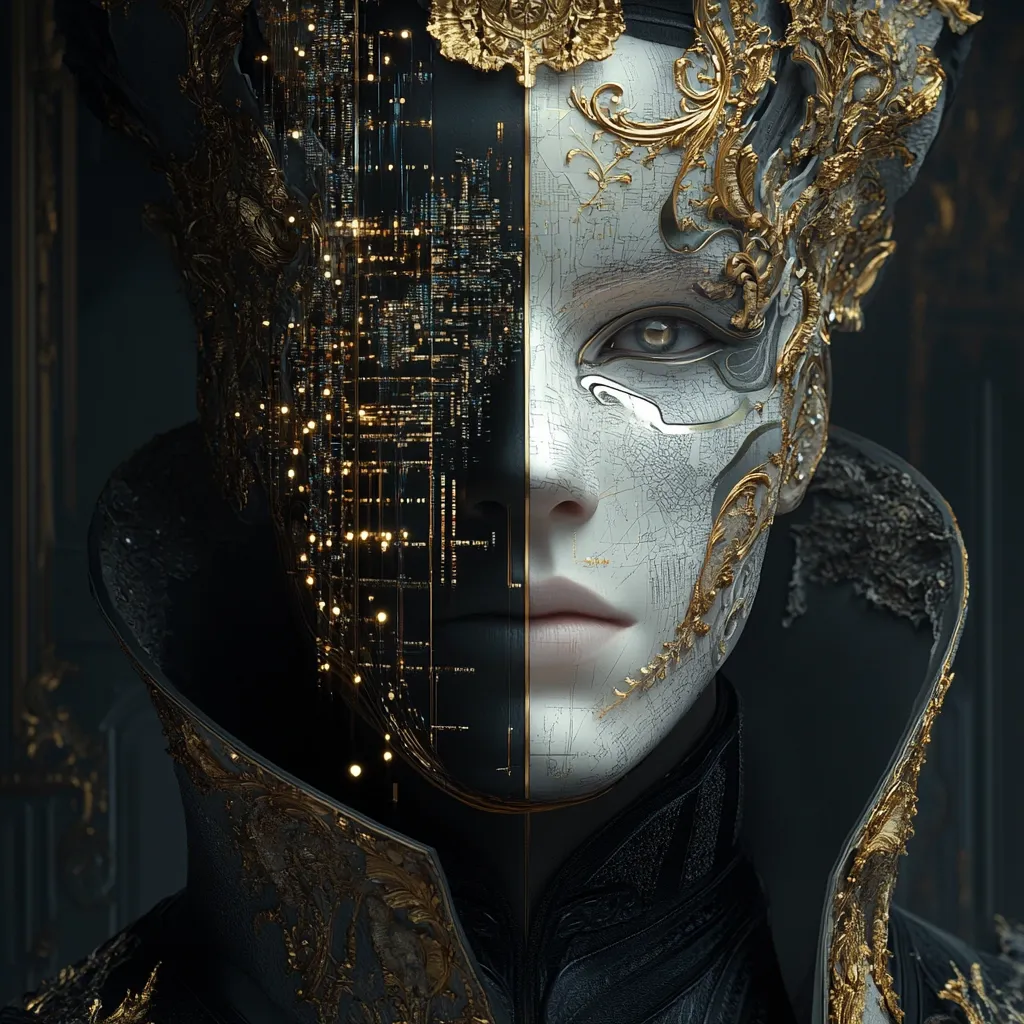 A striking digital portrait showcases a figure adorned in an ornate, gold-accented mask.  Half the face reveals intricate, glowing circuitry resembling a cityscape, contrasting sharply with the elegant, cracked-white porcelain of the other half. The attire is dark and regal, suggesting a blend of futuristic technology and classic opulence. The overall aesthetic is one of dramatic contrast and mysterious beauty.