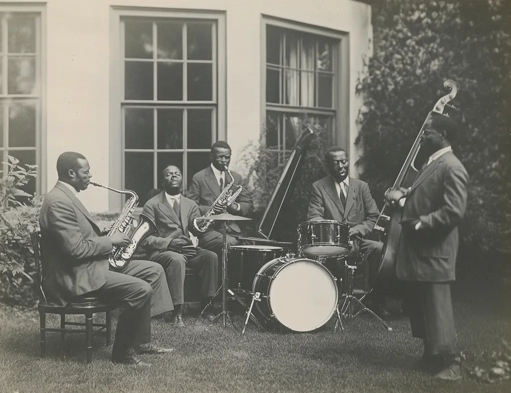 A black and white photo depicts a jazz ensemble outdoors.  Five African American men are seated and standing on a grassy lawn before a large house.  The musicians play saxophone, clarinet, drums, and upright bass.  They are dressed in suits, suggesting a formal or semi-formal occasion. The setting appears elegant and relaxed, possibly a private performance.  The image is a historical snapshot of African American musicians in the early to mid 20th century.