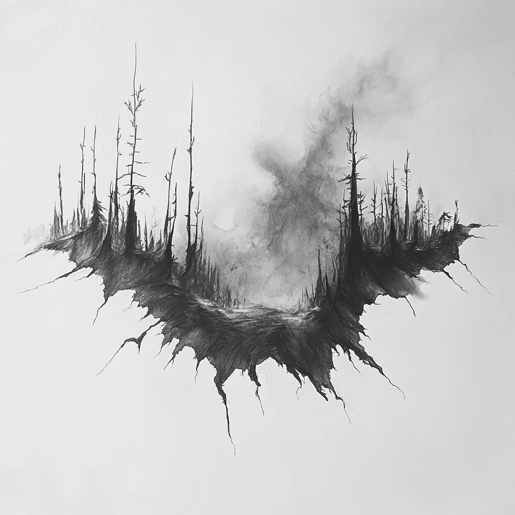 A monochromatic charcoal drawing depicts a desolate, fractured landscape.  Silhouetted, bare trees rise from a chasm that splits the scene, suggesting a ravaged forest.  Smoke or mist fills the background, adding to the somber and somewhat surreal atmosphere. The stark contrast and textural shading create a haunting, almost apocalyptic impression. The uneven edges of the chasm emphasize the sense of destruction and instability.