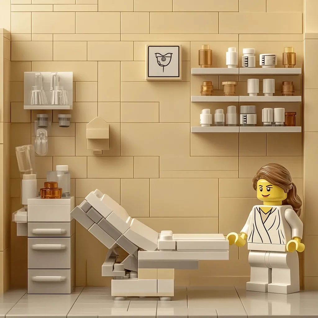 A meticulously crafted Lego model depicts a minimalist medical or spa room.  Cream-colored brick walls showcase shelves stocked with small bottles and containers.  A sleek, adjustable examination table is positioned centrally, with a small cabinet nearby. A Lego figure, dressed in a white lab coat, stands beside the table, adding a charming human element to the sterile yet calming setting.  The overall aesthetic is clean and sophisticated.