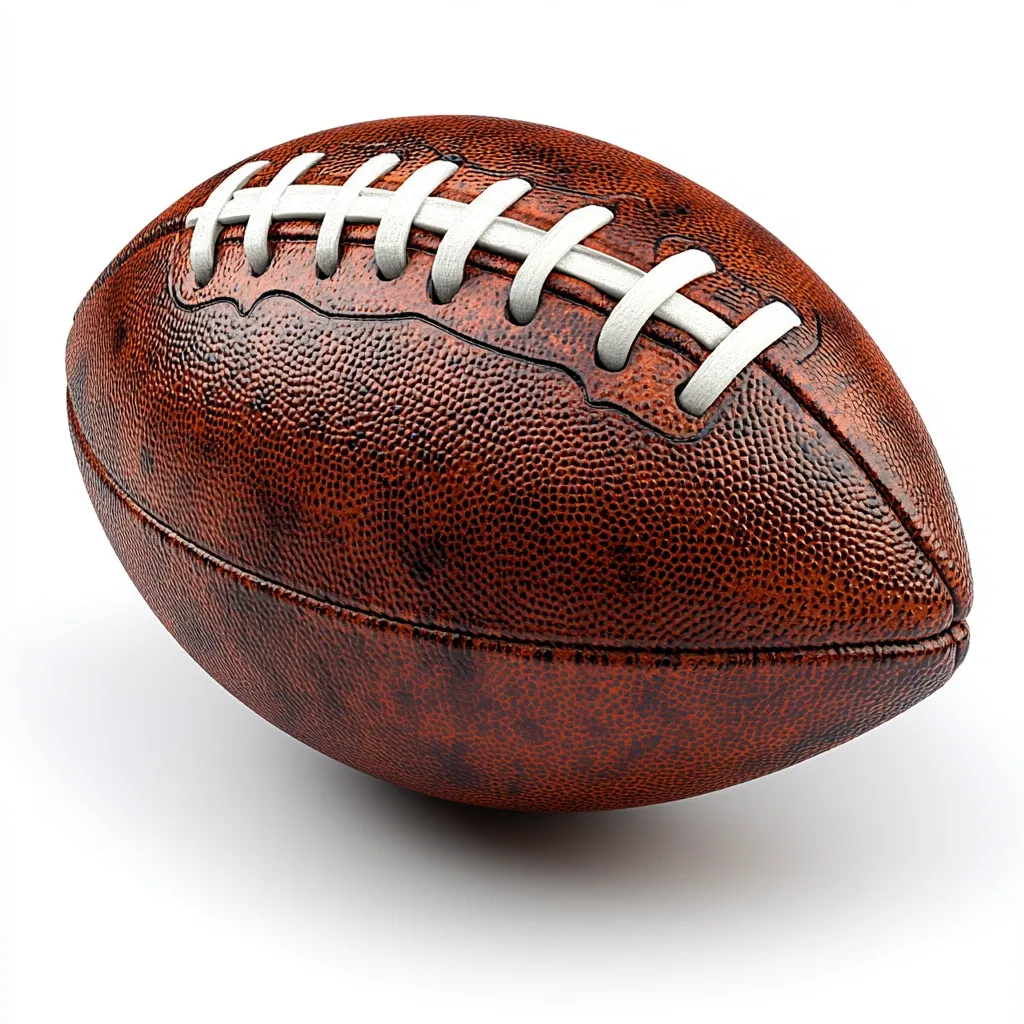 A classic brown American football rests on a white background.  Its textured leather surface is visible, along with the white laces neatly stitched across the center. The ball is slightly angled, showcasing its prolate spheroid shape.  The image evokes a sense of sport, competition, and the thrill of the game.