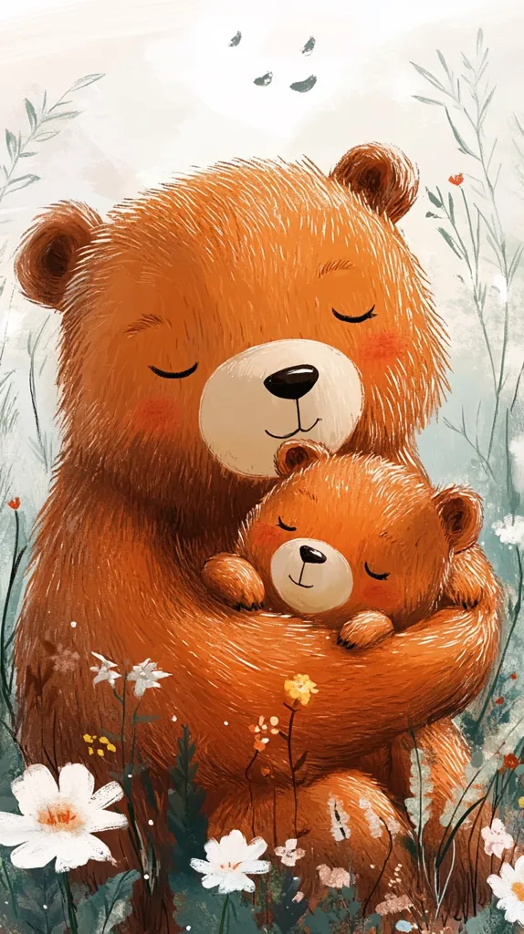 A heartwarming illustration depicts a large, brown bear tenderly embracing a smaller bear cub.  Both bears have their eyes closed, suggesting peaceful slumber or contentment.  They are surrounded by a vibrant field of wildflowers, adding to the serene and loving atmosphere. The artistic style is soft and whimsical, with textured fur and delicate floral details. The image evokes feelings of warmth, comfort, and unconditional love.