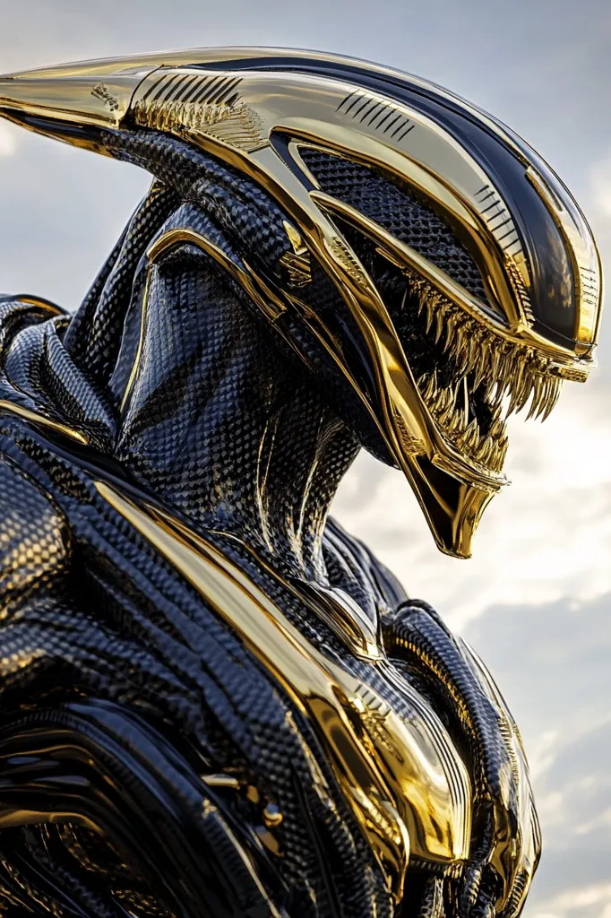A close-up reveals a striking, otherworldly figure. Its form is a blend of sleek, dark carbon fiber and gleaming gold accents.  The creature's helmet, a masterpiece of biomechanical design, features a sharp, angular profile with rows of menacing teeth.  The gold trim emphasizes the intricate detailing, adding to its aura of power and menace. The overall effect is one of sophisticated alien technology and formidable strength.