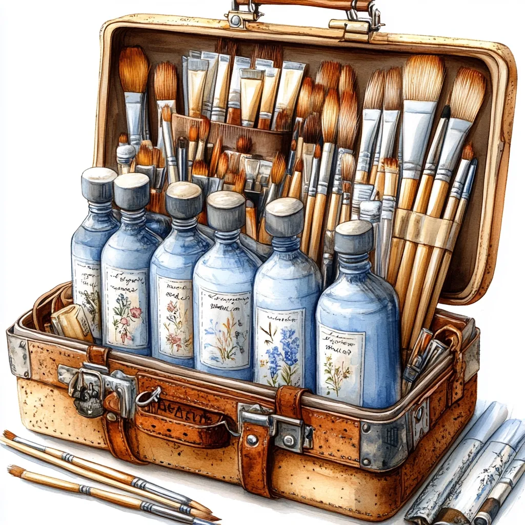 A vintage leather suitcase overflows with an artist's supplies.  Dozens of paintbrushes of varying sizes and shapes are neatly organized within, alongside several small, blue glass bottles, each labeled with delicate floral illustrations and script. The suitcase shows signs of age and wear, adding to its charm.  Three loose brushes lie on the white background in front of the case, suggesting recent use. The overall impression is one of artistic preparation and nostalgia.