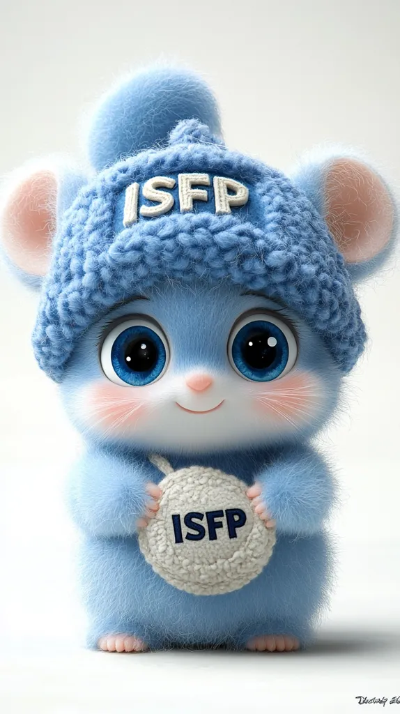 An adorable, fluffy, light blue mouse-like creature wears a matching knitted beanie with "ISFP" embroidered on it.  Its large, expressive blue eyes and rosy cheeks add to its charming appeal.  The creature holds a small, off-white knitted circle with the same "ISFP" lettering, creating a cohesive and endearing image.