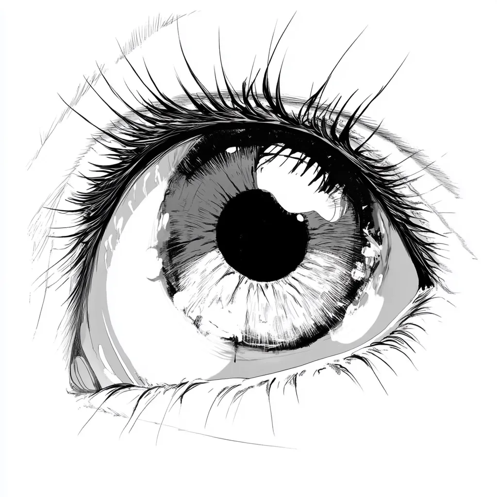 A detailed black and white illustration showcases a single eye, rendered in a style reminiscent of graphic novel art.  Long, expressive eyelashes frame the eye, while the iris and pupil are sharply defined, with subtle shading conveying depth and texture.  The overall effect is dramatic and intense, drawing the viewer's attention to the intricate detail of the eye's structure.  The stark contrast between black and white enhances the dramatic effect.