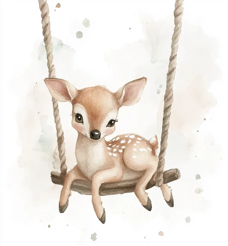 A watercolor painting depicts an adorable fawn sitting on a simple rope swing.  The fawn is light brown with white spots, and its large eyes and sweet expression create a charming image. The background is a soft, muted watercolor wash, enhancing the gentle and whimsical atmosphere. The overall style is cute and delicate, suitable for children's décor.